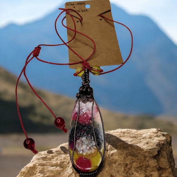 Celestial Blast Brass wrapped handmade  stone OOAK reversible Necklace 4 inch - Picture 1 of 6